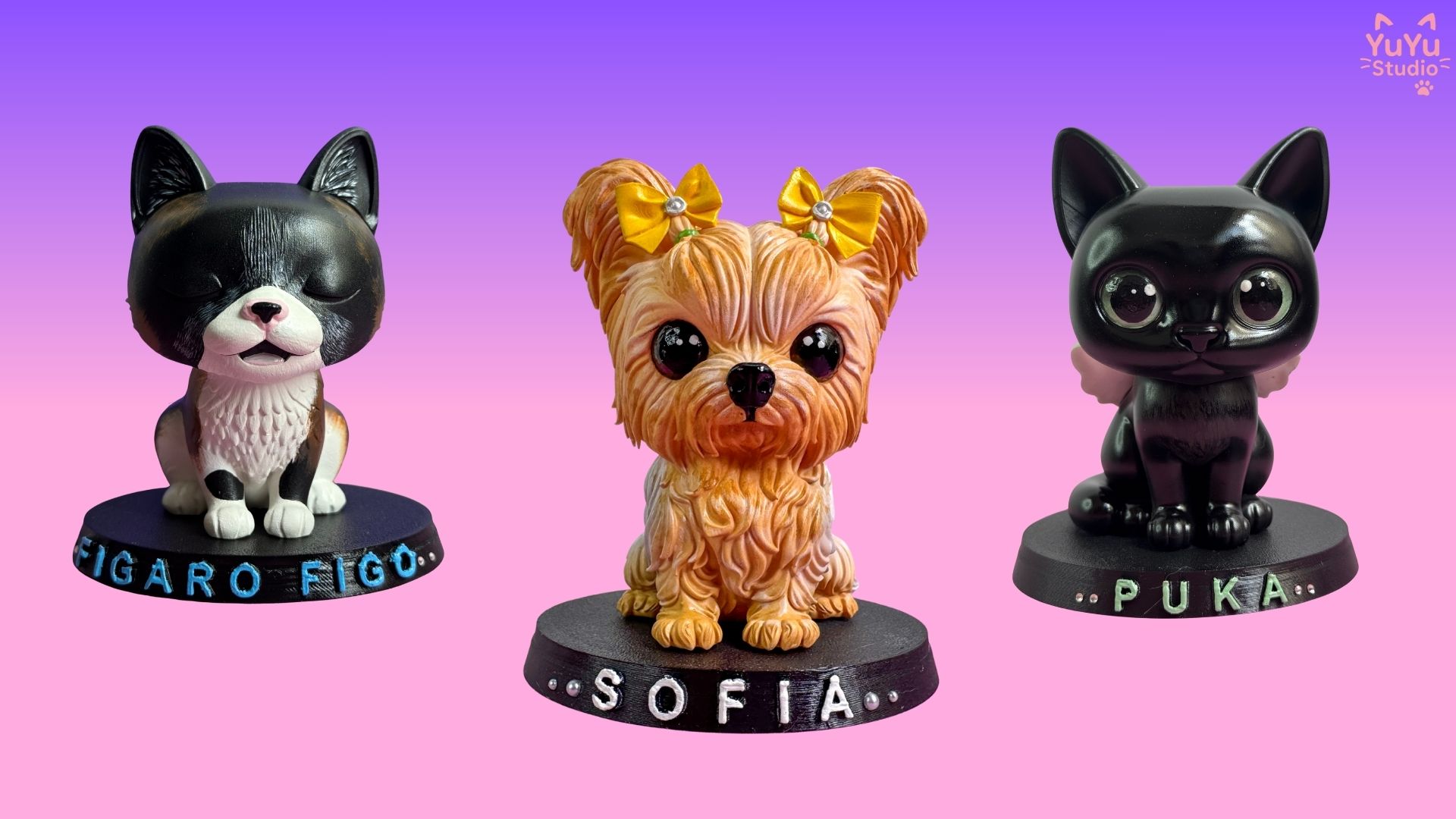 Funkos PET personalizados em resina - Fígaro, Sofia e Puka