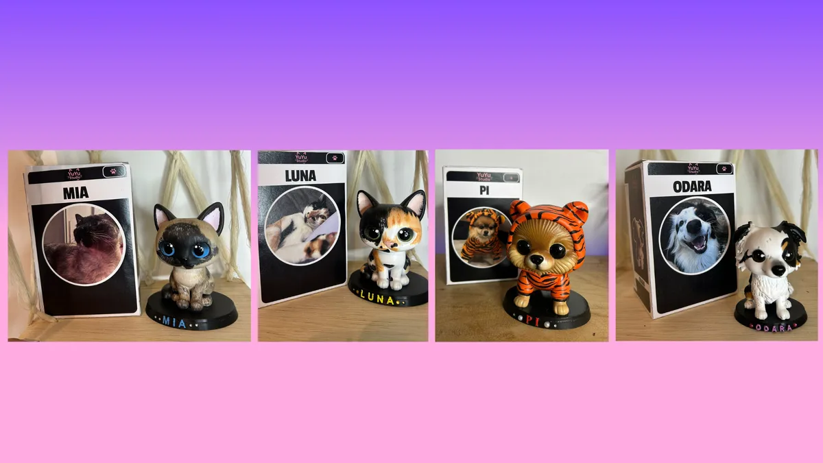Funkos PET com caixas personalizadas - Mia, Luna, Pi e Odara