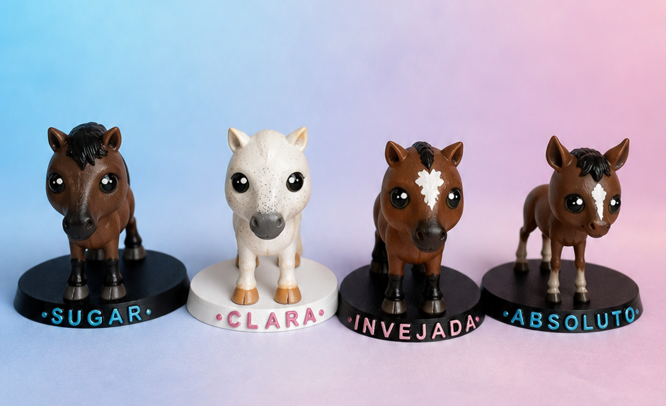 Funkos PET de cavalos personalizados Sugar, Clara, Invejada e Absoluto